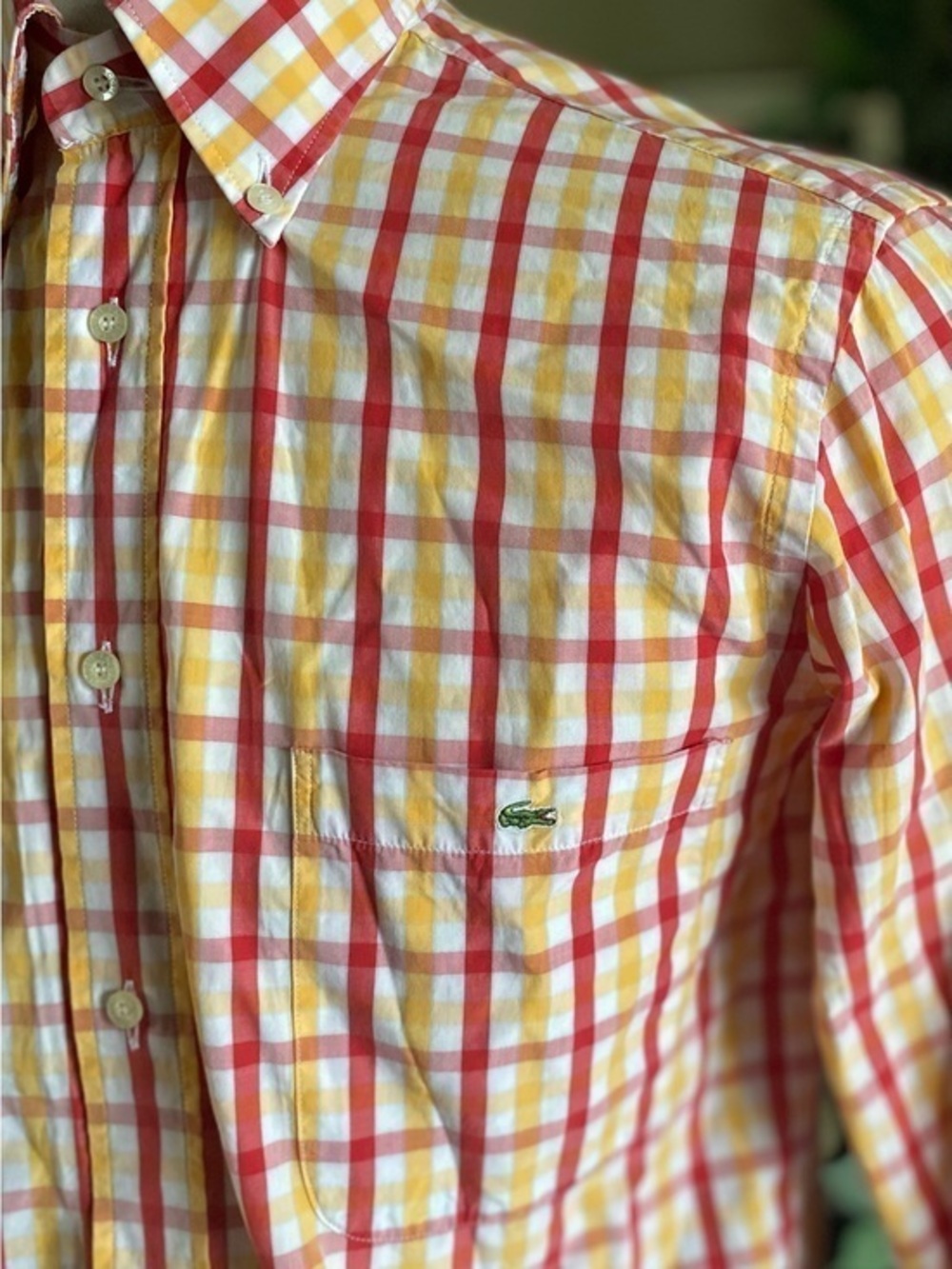 Lacoste Yellow and Red Plaid Long-Sleeve Button-Down Shirt
